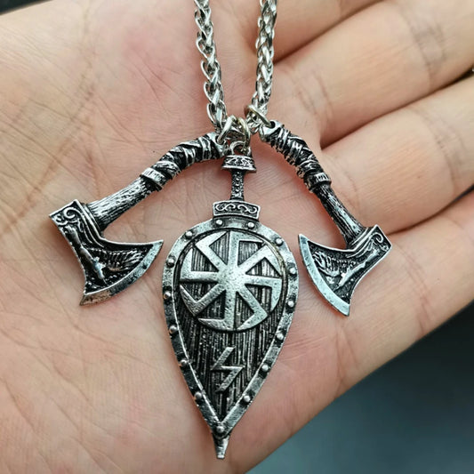 Viking Shield Rune Pendant Necklace with Sword, Axe, and Slavic Amulet Design