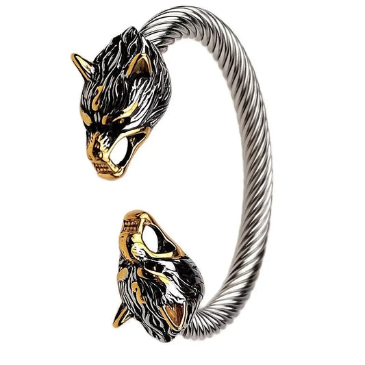 Men's Viking Wolf Bracelet – Stainless steel with a gold mix, featuring a bold wolf design. Perfect for bikers and Viking fans.