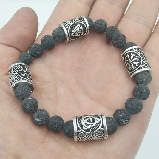 Slavic Men’s Lava Stone Bracelet – Natural lava stone, rune beads, and Celtic knot design. A Viking-inspired amulet.