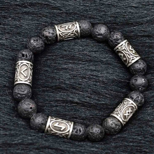 Viking Runes Jewelry – Vintage Amulet Lava Stone Bracelet for Men and Women, with 5 Rune Beads. Perfect Viking-inspired accessory.
