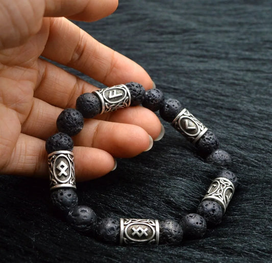 Viking Runes Jewelry – Vintage Amulet Lava Stone Bracelet for Men and Women, with 5 Rune Beads. Perfect Viking-inspired accessory.