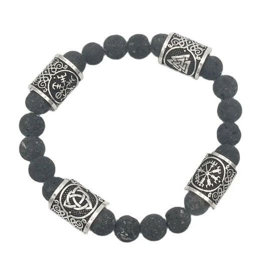 Slavic Men’s Lava Stone Bracelet – Natural lava stone, rune beads, and Celtic knot design. A Viking-inspired amulet.