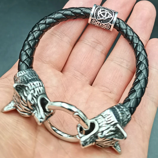 Viking Rune Bead Wolf Head Bracelet – Stainless Steel and Leather for Men and Women. Perfect gift.