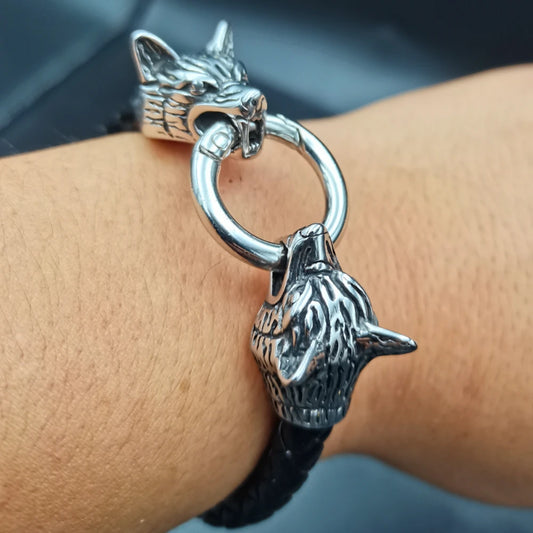 Viking Rune Bead Wolf Head Bracelet – Stainless Steel and Leather for Men and Women. Perfect gift.