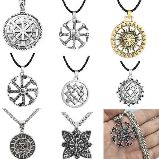 Slavic Kolovrat Pendant – Pagan amulet with Viking runes and Star of Russia design. Vintage talisman necklace.