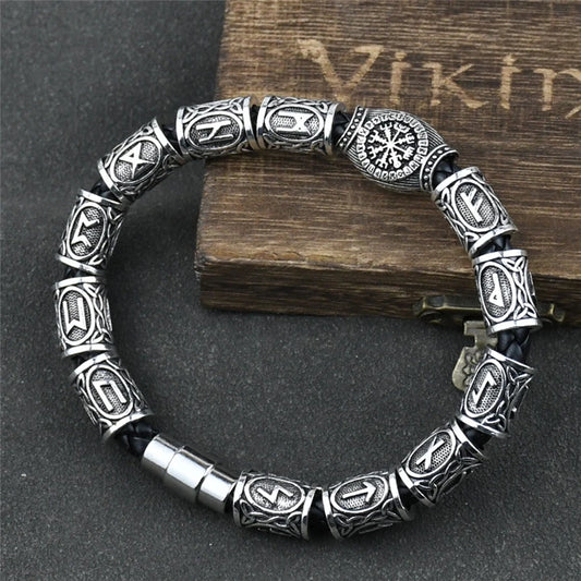 Norse Runes Bracelet – 13 Rune Beads with Vegvisir Compass Amulet. Viking and Slavic-inspired accessory.