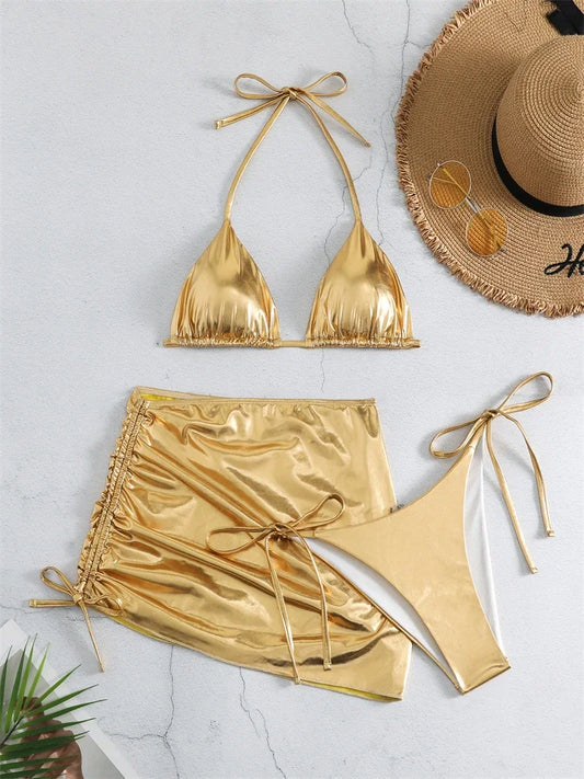 New Gold Halter Lace-Up Bikini Set with Beach Cover-Up