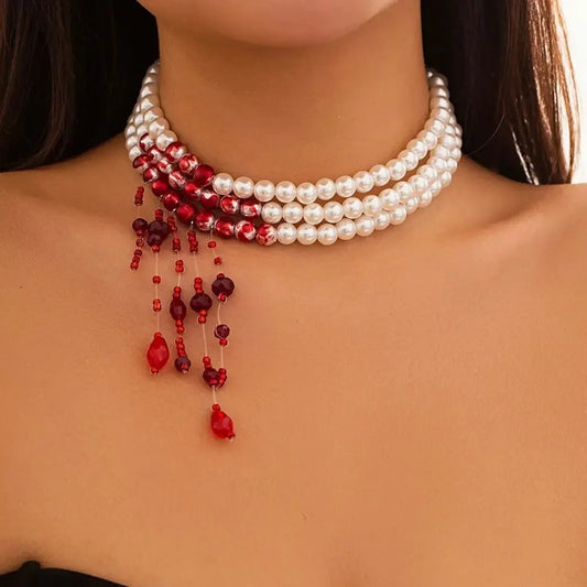 Vintage Red Blood Pattern Tassel Necklace for Women