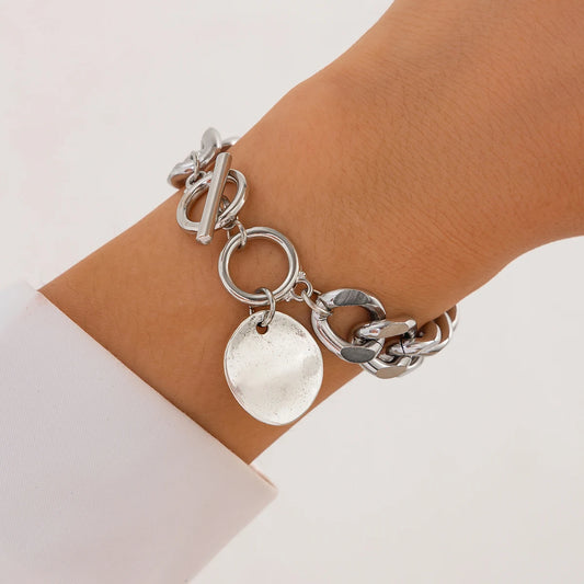 Punk Silver Chain Bracelet with Coin Pendant for Women