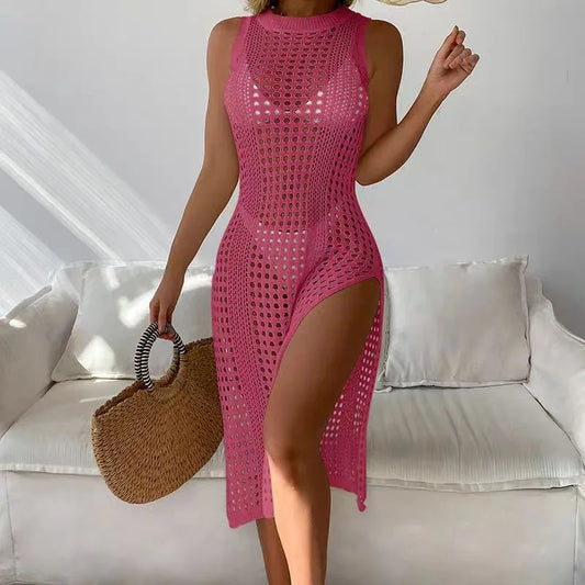 "Women’s Summer Sexy Hollow Out Knitted Beach Cover-Up, Double-Side Slits Dress"