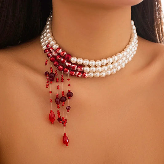 Vintage Red Blood Pattern Tassel Necklace for Women