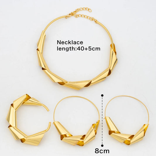 "Luxury Gold Plated Dubai Jewelry Set – African Copper Twist Earrings, Necklace, Bracelet."