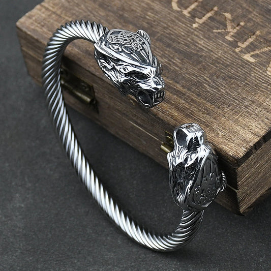 Men's Stainless Steel Viking Wolf & Bear Paw Bangle – Viking amulet bracelet for men. Perfect gift.