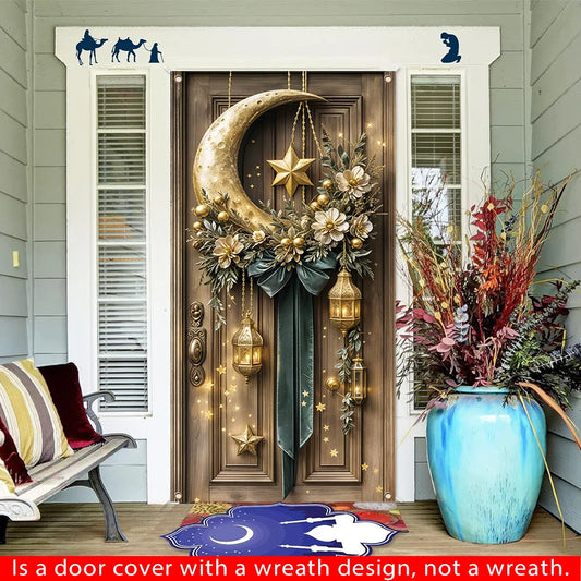 Eid Mubarak Door Cover Wreath Polyester Ramadan Kareem Porch Banner Muslim Islamic Home Wall Outdoor Hanging Eid al-Fitr Decor