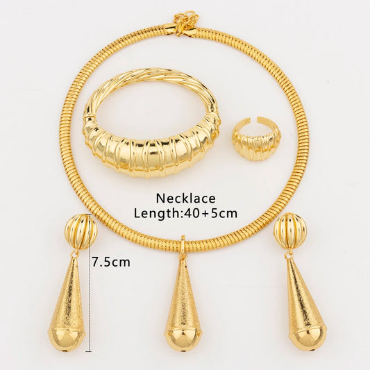 "Water Drop Earrings Necklace Jewelry Set for Women – Indian Dubai Gold Bracelet Ring Wedding Bridal Accessories."