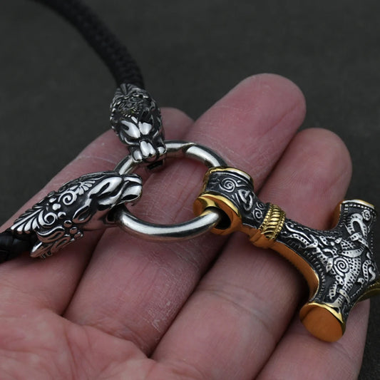 Men's Stainless Steel Viking Necklace – Wolf head Thor's hammer pendant on a leather chain. Rugged and stylish Norse amulet.