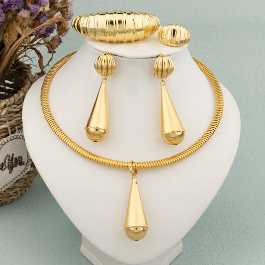 "Water Drop Earrings Necklace Jewelry Set for Women – Indian Dubai Gold Bracelet Ring Wedding Bridal Accessories."