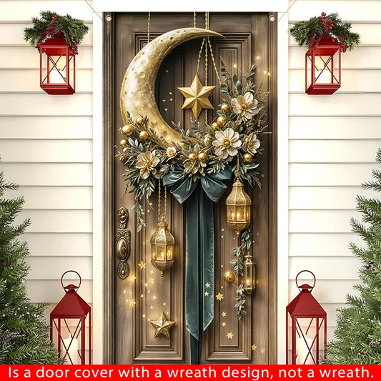 Eid Mubarak Door Cover Wreath Polyester Ramadan Kareem Porch Banner Muslim Islamic Home Wall Outdoor Hanging Eid al-Fitr Decor
