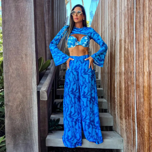 "2025 Blue Sexy Bikini Set with Long Sleeves, Mesh Swimwear for Women"