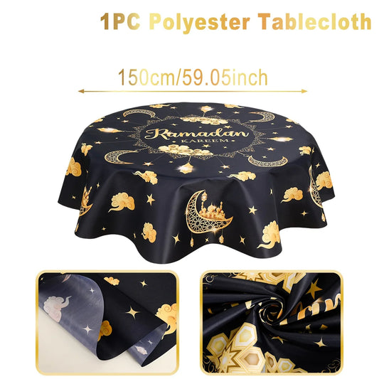 Ramadan Kareem Moon Star Round Tablecloth 2025 Eid Mubarak Ramadan Decoration for Home Islamic Muslim Party Supplies Table Cover
