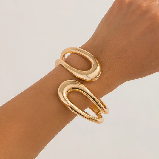 "KunJoe Luxury Irregular Chunky Spring Bangles for Women, Punk Gold Hugging Bracelet"