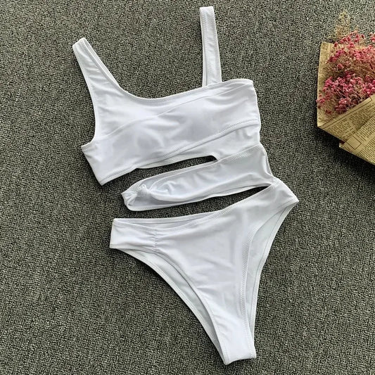 "Sexy One-Shoulder Bikini Set, Off-Shoulder White Patchwork One-Piece Swimsuit 2024"