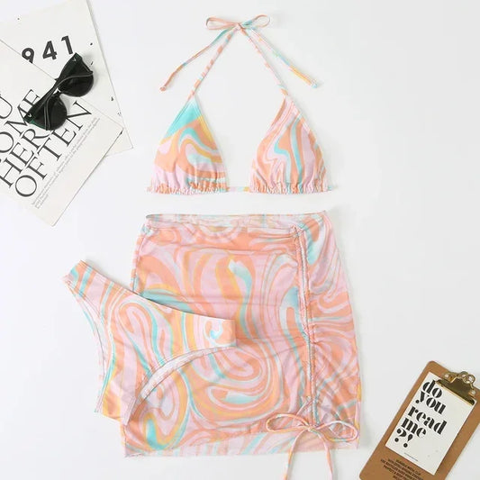 "3 Pieces Bikini Set with Mini Skirt, Thong Bathing Suit, Women's Swimwear, Beachwear, Vacation Outfit"