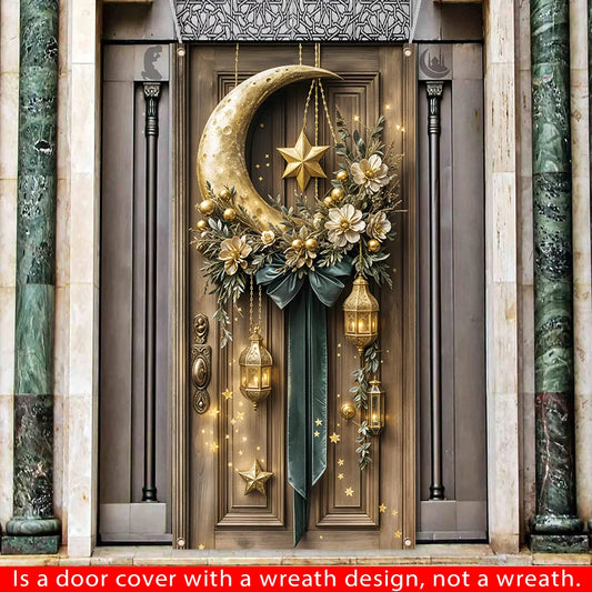 Eid Mubarak Door Cover Wreath Polyester Ramadan Kareem Porch Banner Muslim Islamic Home Wall Outdoor Hanging Eid al-Fitr Decor