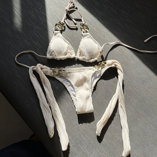 New Trendy Bikini Set for Women – Halter Lace-Up Ribbed Swimwear with Chain
