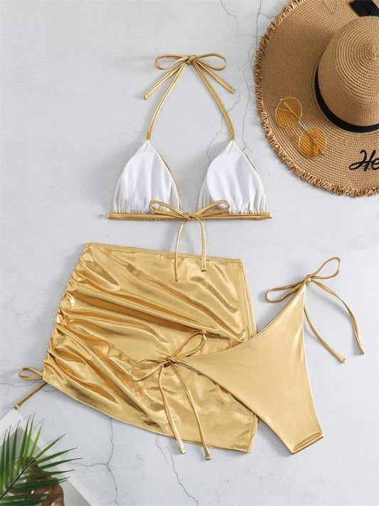 New Gold Halter Lace-Up Bikini Set with Beach Cover-Up