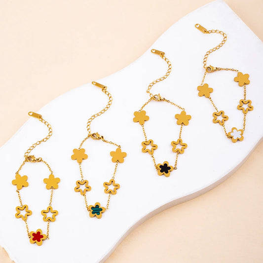 316L Stainless Steel Hollow Five-Leaf Flower Bracelet for Women