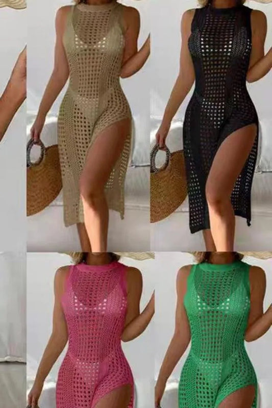 "Women’s Summer Sexy Hollow Out Knitted Beach Cover-Up, Double-Side Slits Dress"