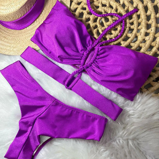 "2025 New Braided Rope Solid Brazilian Bikini Set, Sexy Swimwear for Women"
