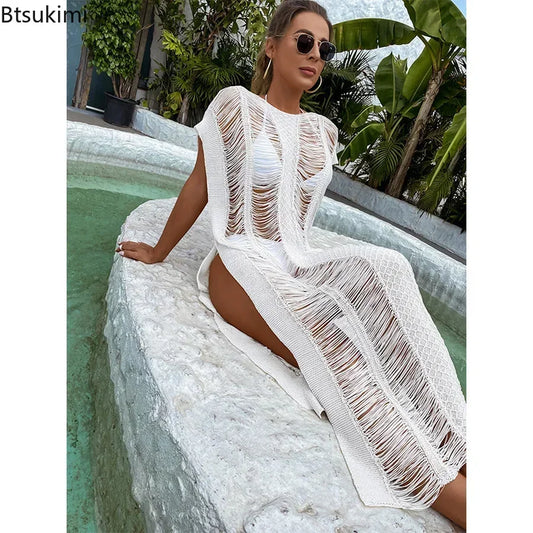 "2025 Women’s Summer White Lace Bikini Cover-Up, Boho Maxi Dress, Sheer Kaftan Tunic