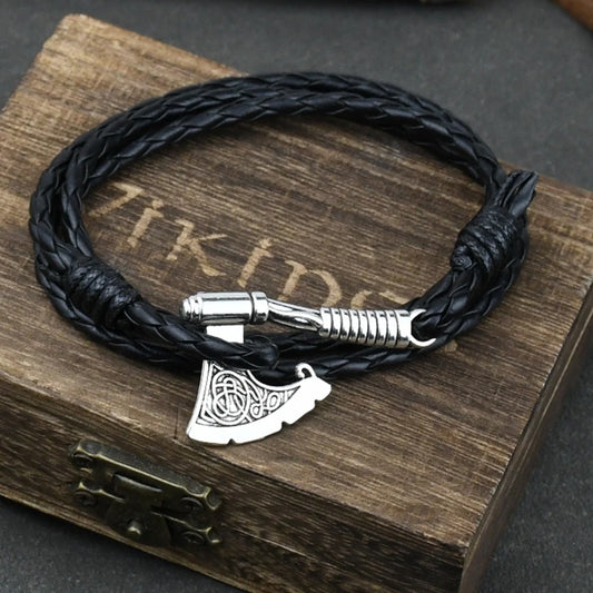 Men's Axe Viking Bracelet – Handmade braided leather with Irish knot and hatchet design. Multilayered pirate-style bracelet for men.