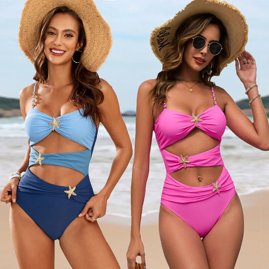 "2025 New One-Piece Metal Button Swimsuit, Sexy Beaded Brazilian Beachwear for Women"