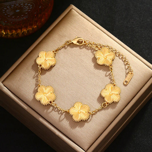 18k Gold-Plated Stainless Steel Five-Leaf Clover Bracelet for Women