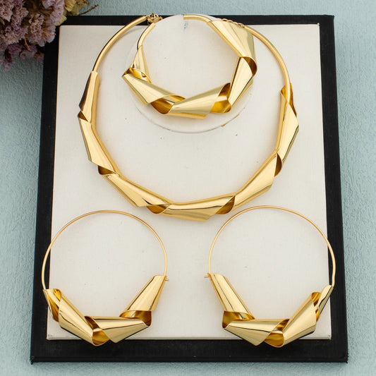 "Luxury Gold Plated Dubai Jewelry Set – African Copper Twist Earrings, Necklace, Bracelet."