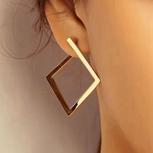 "Elegant 18K Golden Plated Geometric Square Stud Earrings – Iron Material, Simple Design for Daily & Party Wear, All-Season Versatile Jewelry."