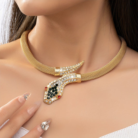 Elegant Vintage Golden Snake Pendant Necklace with Black & Clear Gemstones, Zinc Alloy, Crystal Inlay