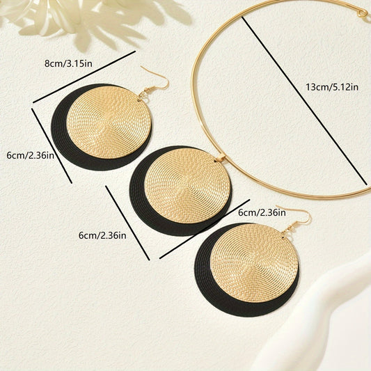 "Two-Piece Retro Fashion Glossy Thin Collar Set – Geometric Rotation Pattern Black & Gold Yellow Pendant Necklace & Earrings."