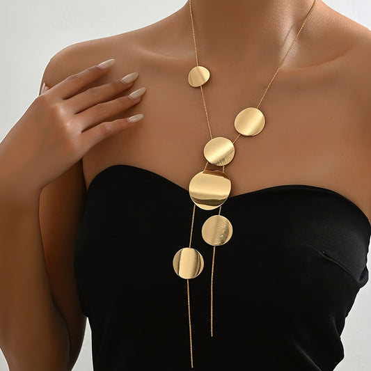 "Stylish Geometric Round Necklace with Brushed Surface & Irregular Snake Chain – Versatile Jewelry for Women."